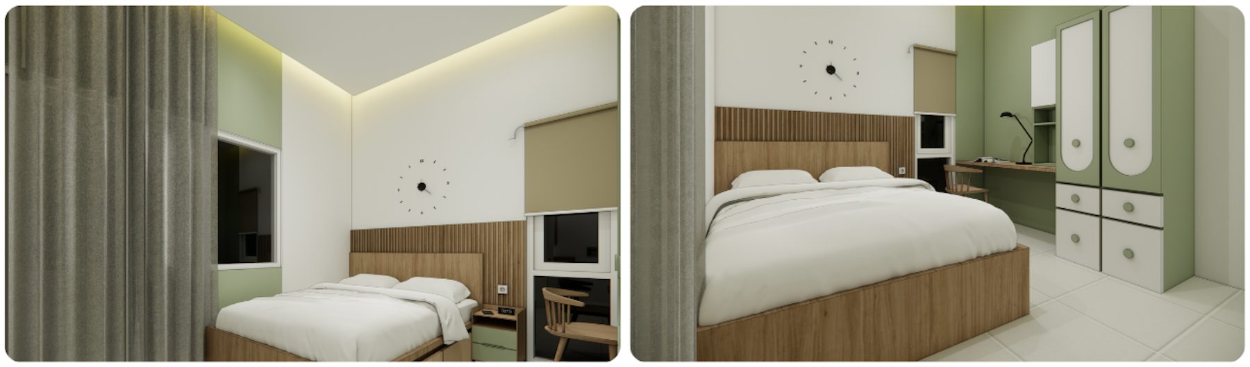 Render desain interior kamar dengan tata ruang efisien